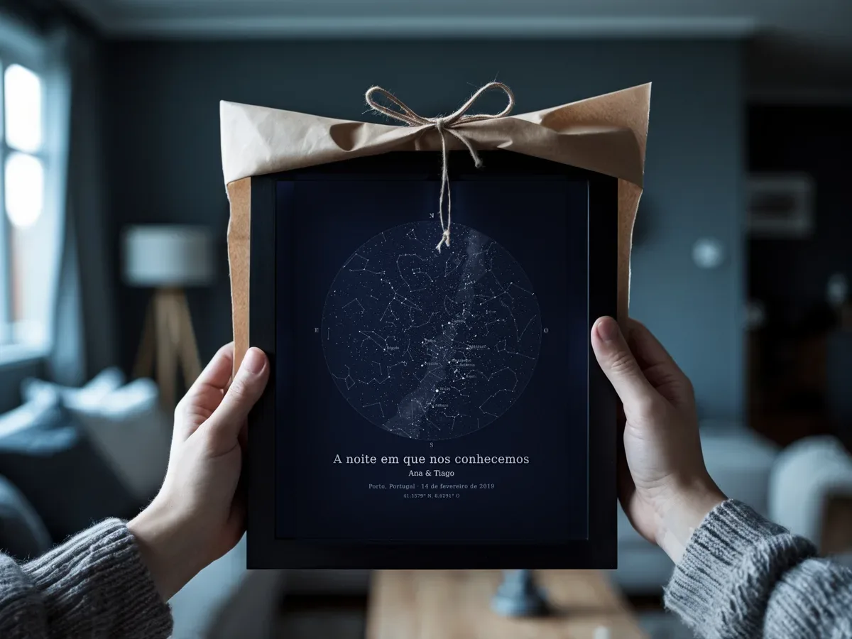 Um mapa de estrelas emoldurado, meio desembrulhado de papel kraft, segurado por duas mãos.